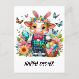 Adorable Easter Cow Bunny in Blue Plaid Suit Postcard
