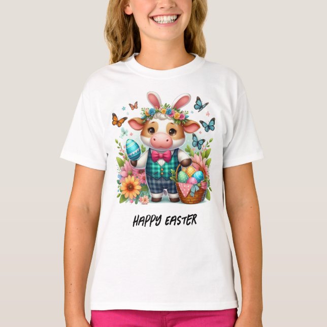 Adorable Easter Cow Bunny in Blue Plaid Suit T-Shirt (Front)