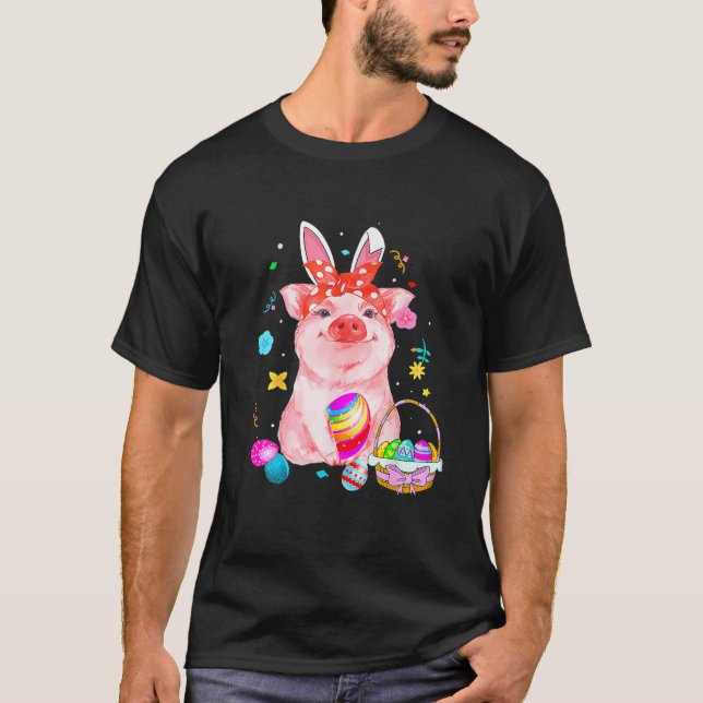 Adorable Easter Pig With Easter Bunny Ears Easter T-Shirt (Front)