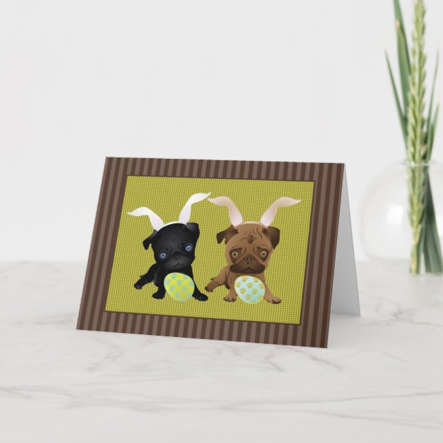 Adorable Easter Pugs with Eggs, Baskets Holiday Card (Front)