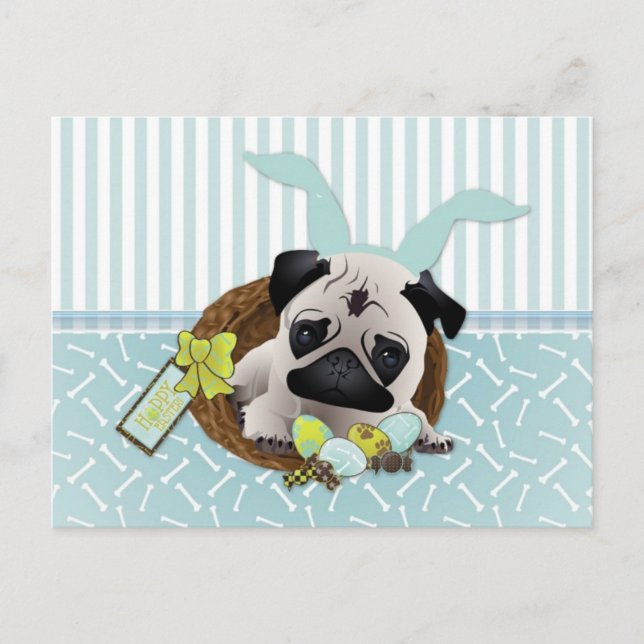 Adorable Easter Pugs with Eggs, Baskets Holiday Postcard (Front)