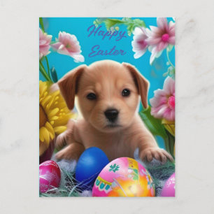 Adorable Easter Puppy, Flowers and Eggs  Postcard