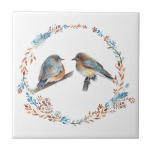Adorable Eastern Bluebird Couple Floral Wreath Ceramic Tile