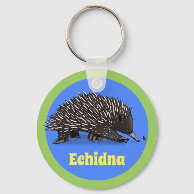 Adorable echidna with bee cartoon illustration key ring (Front)