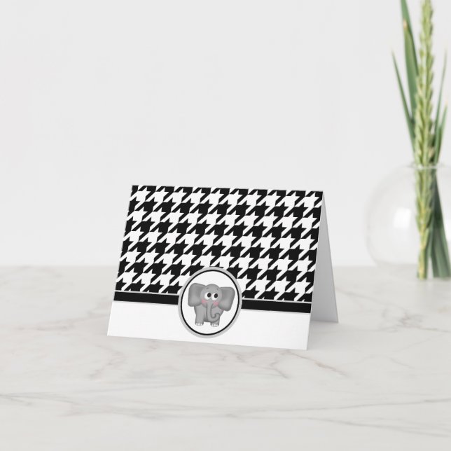 Adorable Elephant Black & White Houndstooth Cards (Front)