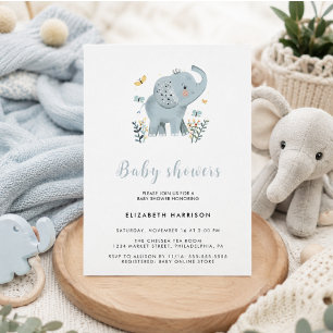 Adorable Elephant Blue Baby Boy Shower Invitation