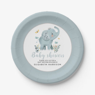 Adorable Elephant Blue Baby Boy Shower Paper Plate