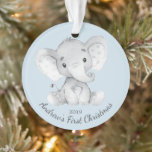 Adorable Elephant Boys First Christmas Ornament<br><div class="desc">Adorable personalized & dated grayscale elephant set on a light blue background for baby's 1st Christmas.</div>