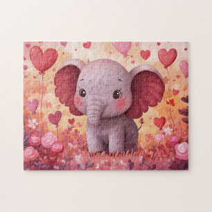 Adorable Elephant Calf Hearts & Flowers Jigsaw Puzzle