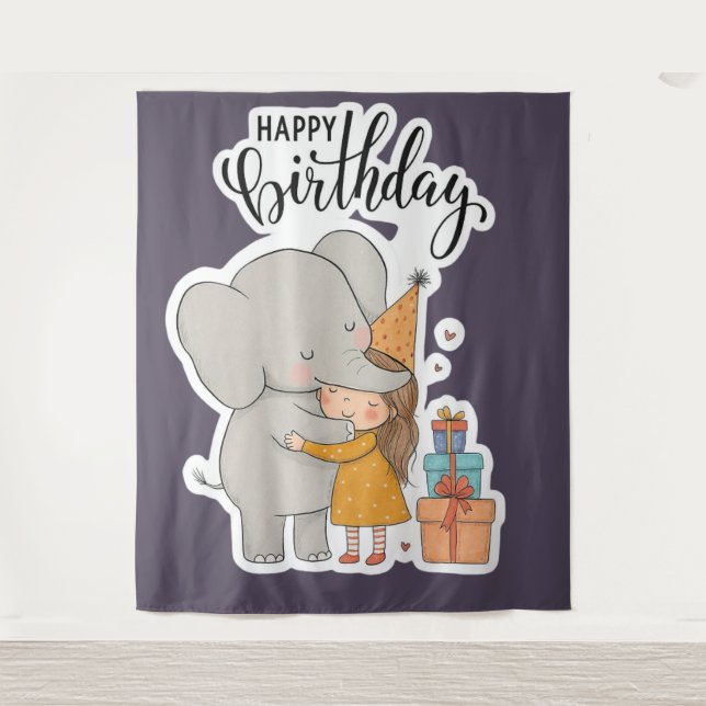 Adorable Elephant Hug Birthday Sticker Tapestry (Front)
