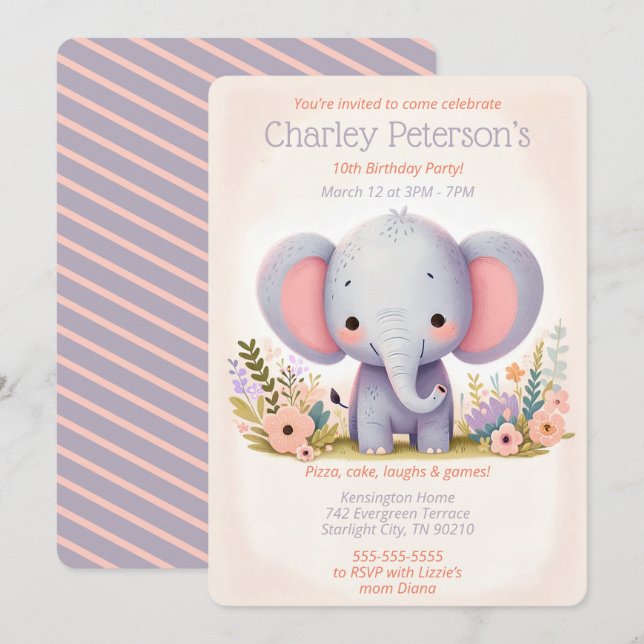 Adorable Elephant Themed Birthday Party for Kids Invitation (Front/Back)
