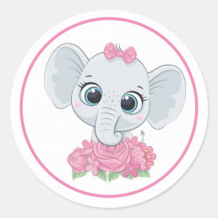 Adorable Elephant With Pink Flowers   Classic Round Sticker