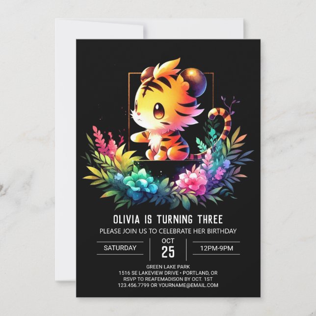 Adorable Enchanted Tiger Birthday Invitation (Front)