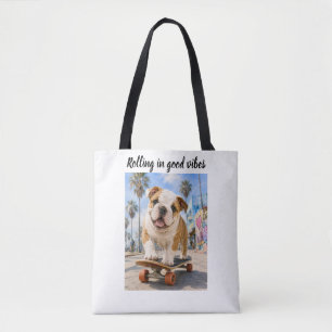  ADORABLE ENGLISH BULLDOG ON SKATE BOARD     TOTE BAG