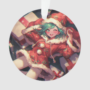Adorable Excited Santa Anime Girl and Presents Ornament