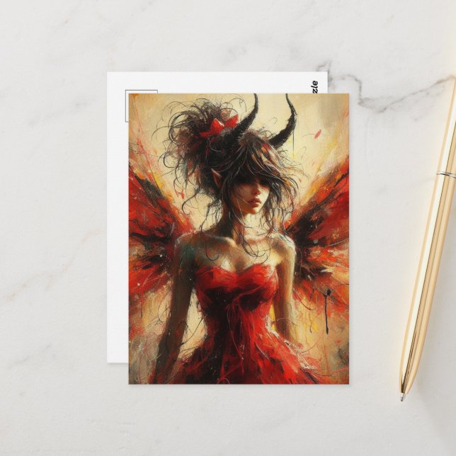 Adorable Fairy in a Red Dress with Horns Postcard (Front/Back In Situ)