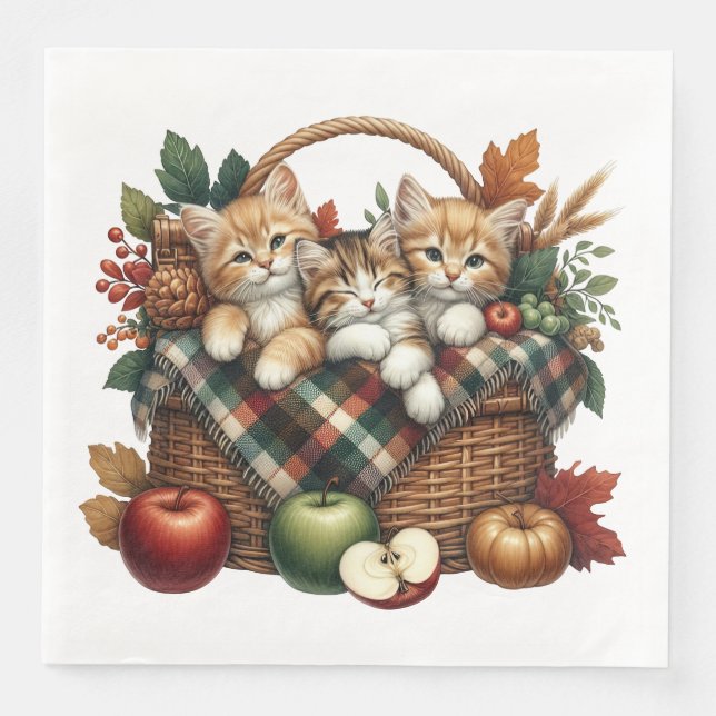 ADORABLE FALL AUTUMN THEMED KITTENS & CATS NAPKIN (Front)