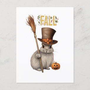 Adorable Fall Bunny with Broom Cute Autumn Rabbit Holiday Postcard