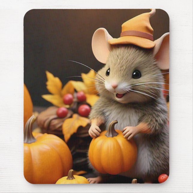 Adorable Fall Mouse with Pumpkins Mouse Pad (Front)