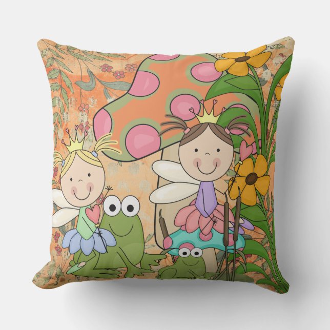 Adorable Fantasy Fairy Garden Faeries Frogs Outdoor Cushion (Front)