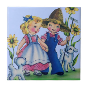 adorable farm boy and farm girl 1940s ceramic tile