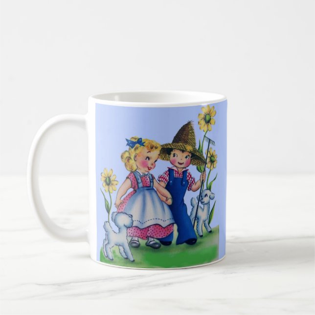 adorable farm boy and farm girl 1940s coffee mug (Left)