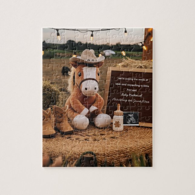 Adorable farm themed  pregnancy announcement jigsaw puzzle (Vertical)