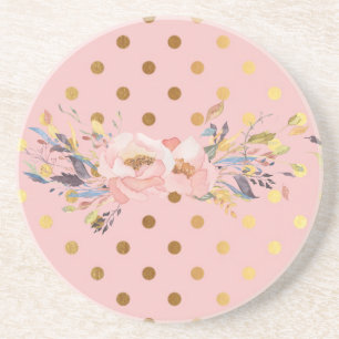 Adorable Faux Gold Polka Dots Flowers Coaster