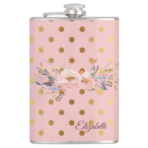 Adorable Faux Gold Polka Dots Flowers Hip Flask