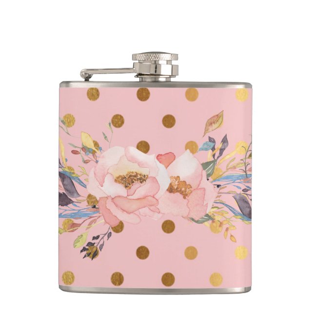 Adorable  Faux Gold Polka Dots Flowers Hip Flask (Front)