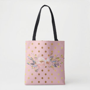 Adorable Faux Gold Polka Dots Flowers Tote Bag