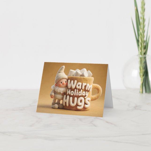 Adorable Felt Gnome with Marshmallow Mug  Holiday Card (Front)