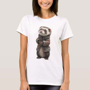 Adorable Ferret in Knitted Brown Cardigan T-Shirt