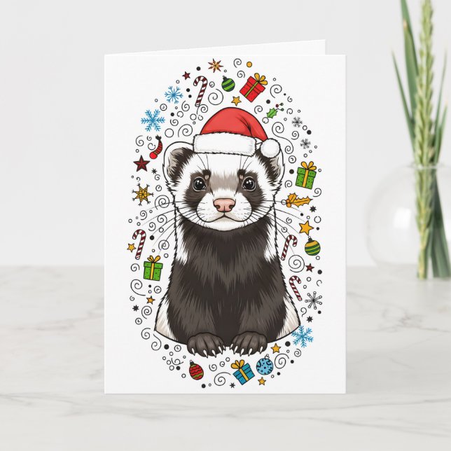 Adorable Ferret in Santa Hat Merry Christmas Card (Front)