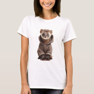 Adorable Ferret Wearing a Brown Hoodie T-Shirt