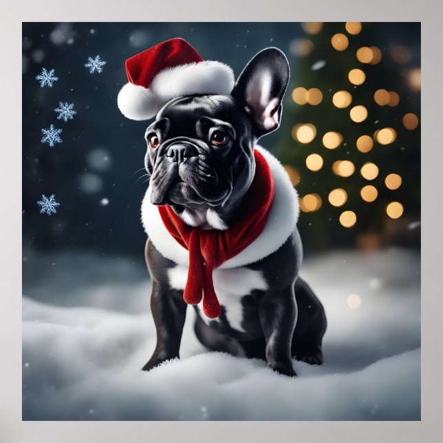 Adorable Festive Christmas French Bulldog in Snow Poster (Front)