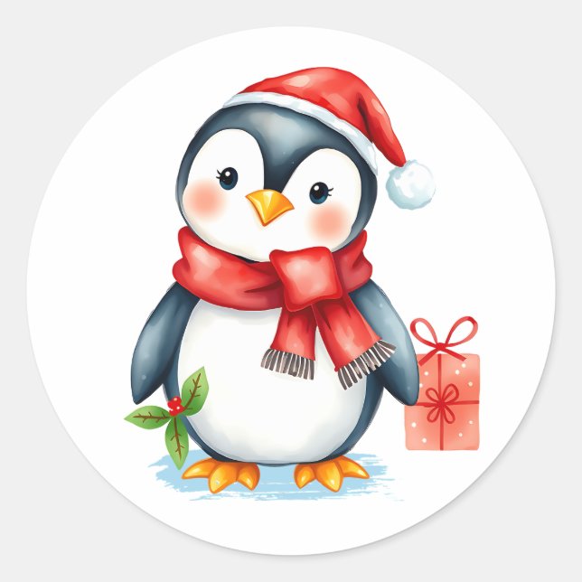 Adorable Festive Christmas Penguin Classic Round Sticker (Front)