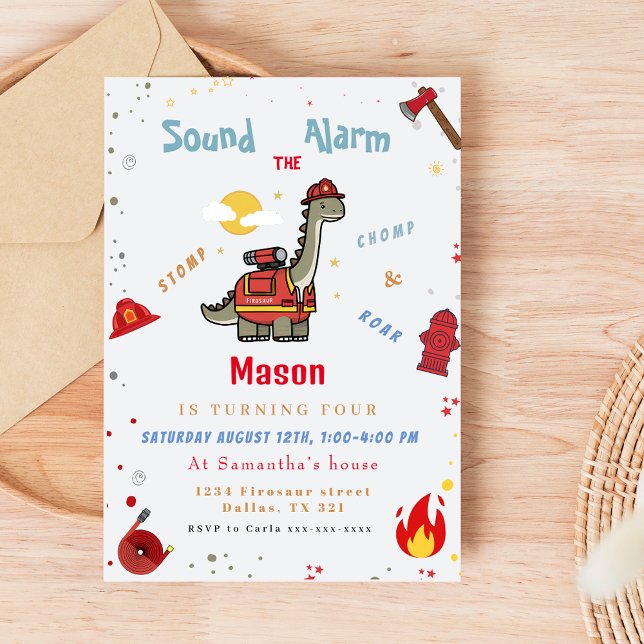 Adorable Firefighter Dino  birthday  Invitation (Creator Uploaded)