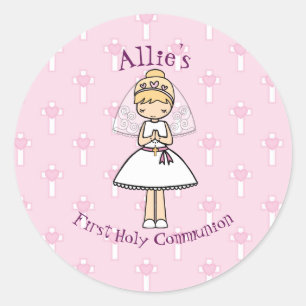 Adorable First Holy Communion little blonde girl Classic Round Sticker