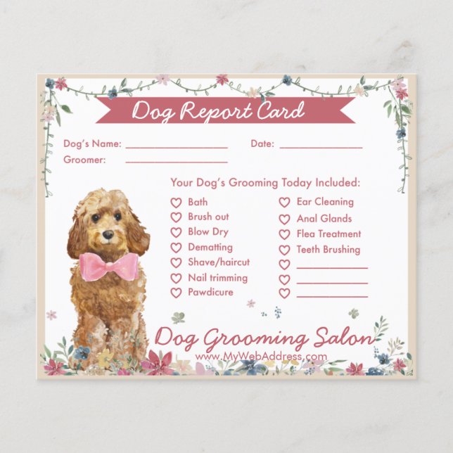 Adorable Floral Cockapoo Dog Grooming Report Card (Front)