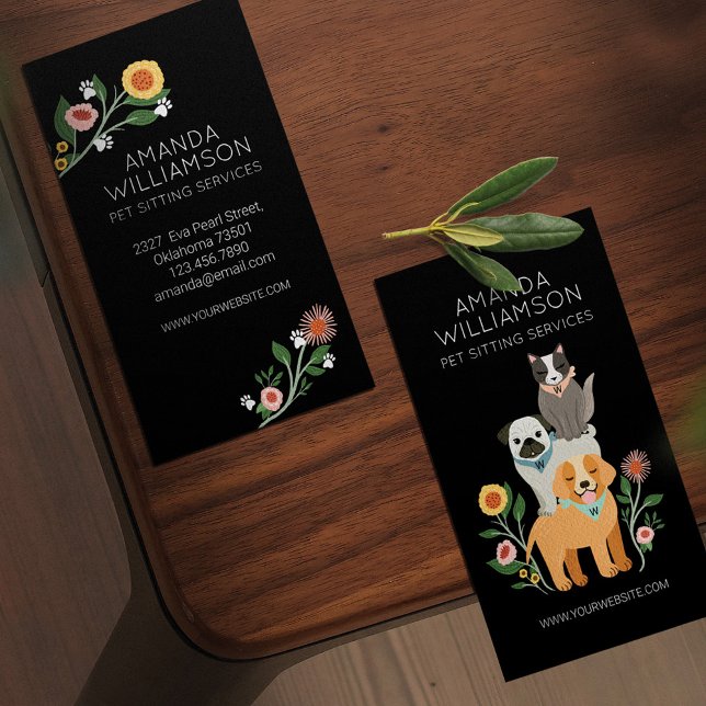 Adorable Floral Dog & Cat Pet Care Services Black Business Card (Creator Uploaded)