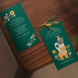 Adorable Floral Dog & Cat Pet Care Services Green Business Card