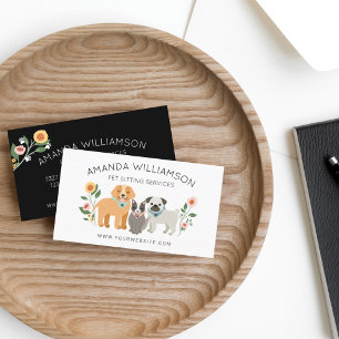 Adorable Floral Dog & Cat Pet Care Services White Business Card