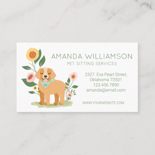 Adorable Floral Dog Pet Care Services White Business Card (Front)