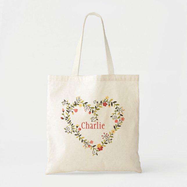 Adorable Floral Heart Wreath with Name Tote Bag (Front)