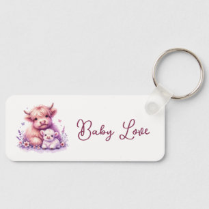 Adorable Floral Highland Cow Baby Shower Key Ring