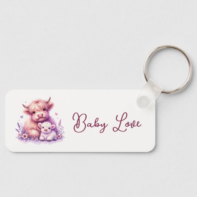 Adorable Floral Highland Cow Baby Shower Key Ring (Front)