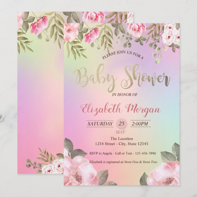 Adorable Floral Holographic Baby Shower Invitation (Front/Back)