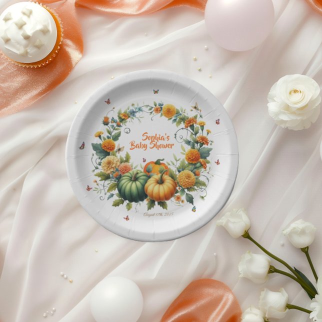 Adorable Floral Orange Green Pumpkins Baby Shower Paper Plate (Creator Uploaded)