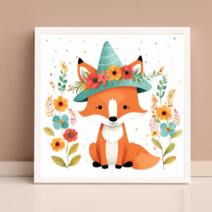 Adorable Floral Red Fox Nursery Wall Art